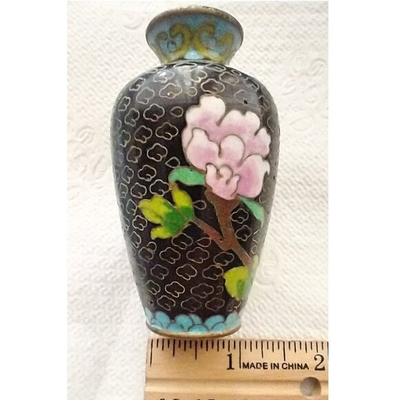 Cloisonne Vase Tiny Vintage Chinese Black Pink Green Blue Floral Design - Picture 10 of 10
